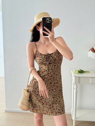 brown lace-up floral Dress