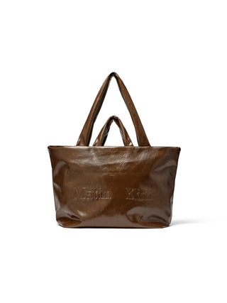 EMBOSSED LOGO LEATHER MAXI BAG IN KHAKI BROWN