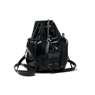 DRAW STRING RIBBON BACK PACK IN BLACK