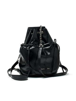 DRAW STRING RIBBON BACK PACK IN BLACK
