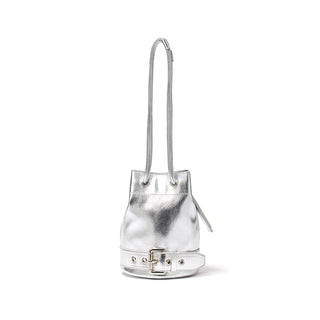 BELTED MINI BUCKET BAG IN SILVER