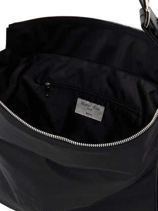 EMBOSSED LOGO FABRIC SHOULDER BAG IN BLACK