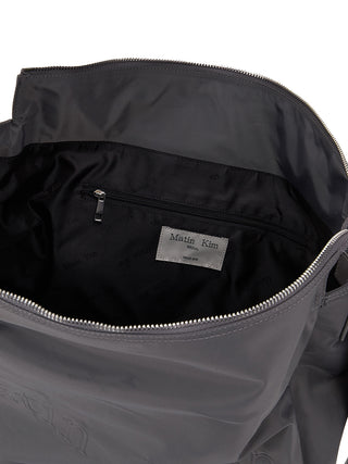 EMBOSSED LOGO FABRIC SHOULDER BAG IN CHARCOAL