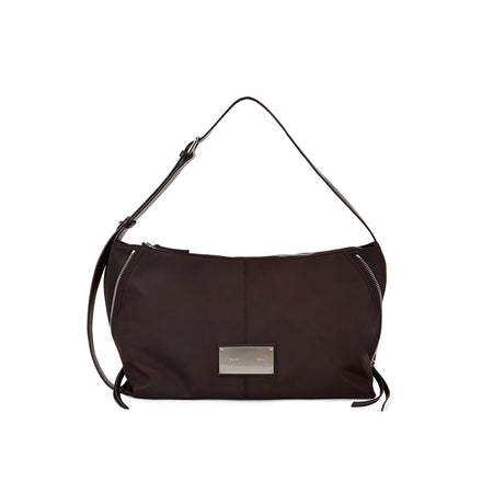 SIDE ZIPPER FABRIC SHOULDER BAG IN BROWN