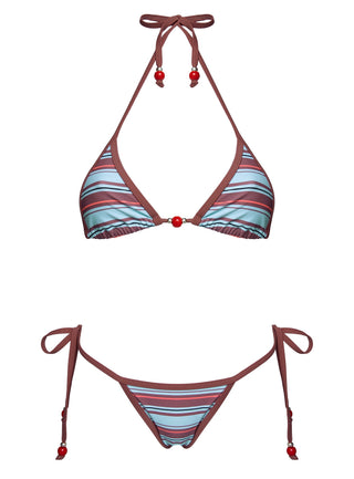 Mikaya Beaded Triangle Bikini Top Blue  Brown Stripe