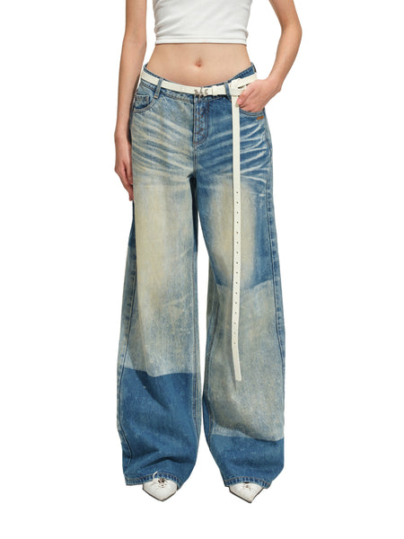 Color-Blocked Equestrian Wide-Leg Jeans
