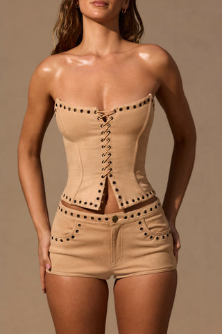 Lace-Up Corset Top  in Tan