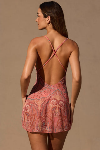 Cowl-Plunge Mini Dress in Paisley Print