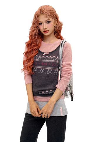 [Moromoro2] Fair Isle Faux Vest Knit Top