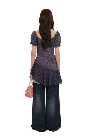 [moromoro2] Floral Mesh Bow Puff Sleeve  Blouse/Dress