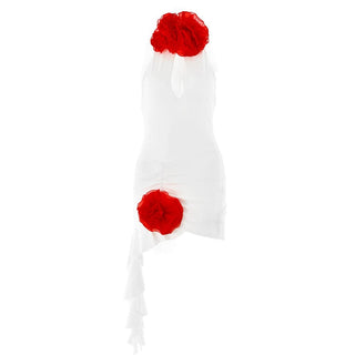 Halter ruched flower applique ruffle mini dress