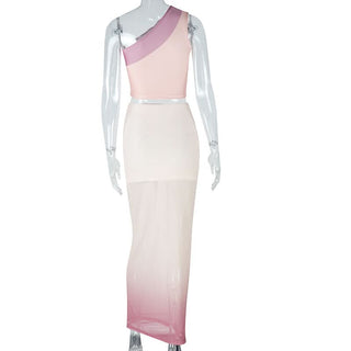 Irregular one shoulder mesh gradient maxi skirt set