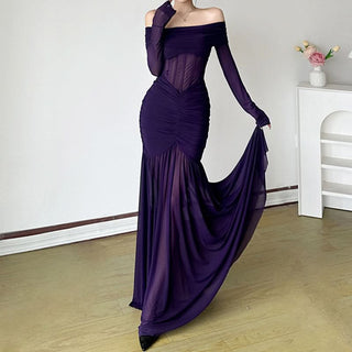 Long sleeve off shoulder mesh corset maxi dress