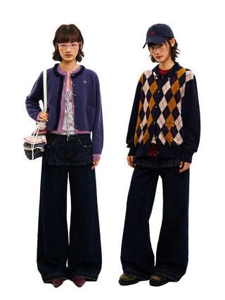 [Moromoro2] Distressed Pleated Skirt Hem Denim  Pants