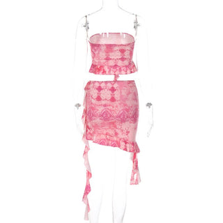 Ruffle ruched print contrast tube mini skirt set