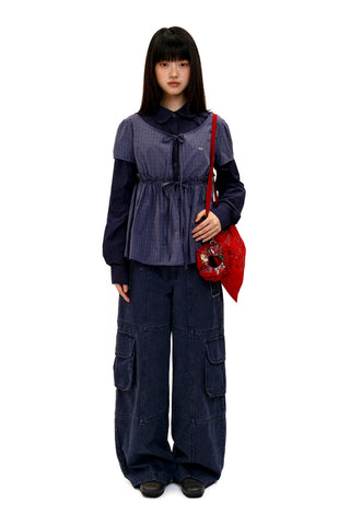 [Moromoro] Faux Two-piece Plaid Ruffled  Shirt