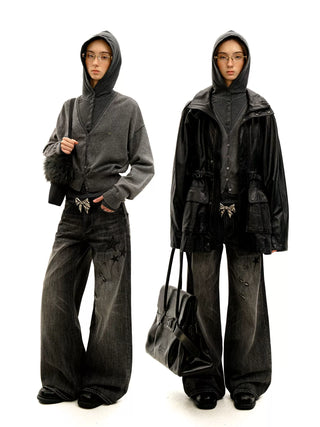 [Moromoro2] Star Plaid Patchwork Wide Leg  Jeans