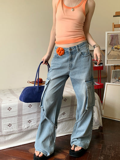 Washed Jeans Slim Straight Cargo Pants