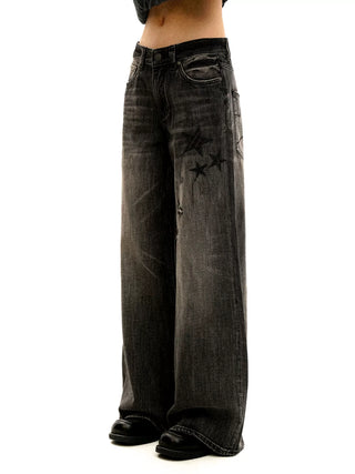 [Moromoro2] Star Plaid Patchwork Wide Leg  Jeans