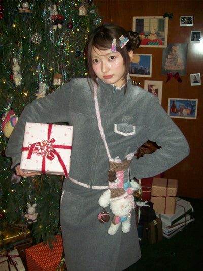 [Moromoro2] Fleece High Neck Jacket & A-Line Skirt  Set