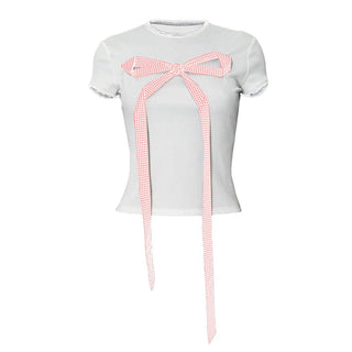 Crew neck short sleeve lace hem bowknot top