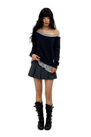 [Moromoro2] Faux Two-piece Off-shoulder Ruffle  Sweatshirt