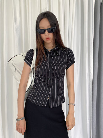 Stripe Polo Bubble Sleeve Shirt