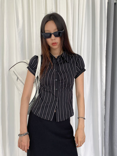 Stripe Polo Bubble Sleeve Shirt