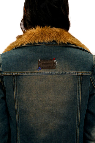 [Moromoro2] Detachable Fur Distressed Denim  Jacket
