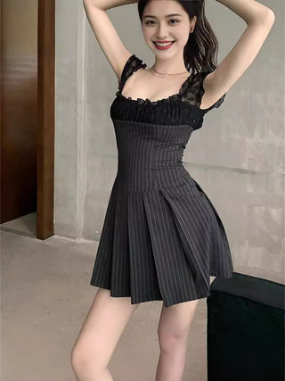 Retro Lace Striped Short Dress