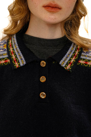 [Moromoro2] Fair Isle Polo Collar Loose  Sweater
