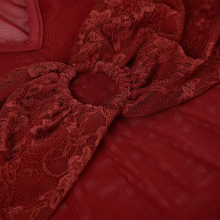 V neck long sleeve o ring lace mesh top