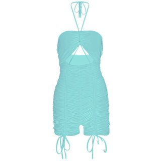 Halter drawstring hollow out ruched romper