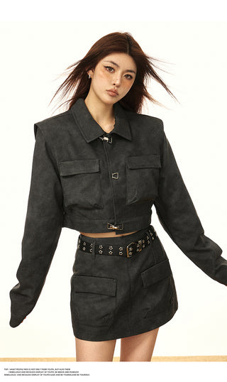 Cropped Cape Leather Jacket W/ skirt