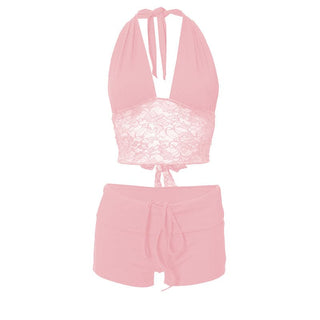 Halter lace hem drawstring ribbed crop pant set