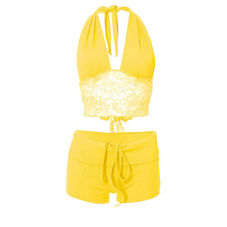 Halter lace hem drawstring ribbed crop pant set