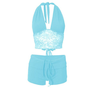 Halter lace hem drawstring ribbed crop pant set