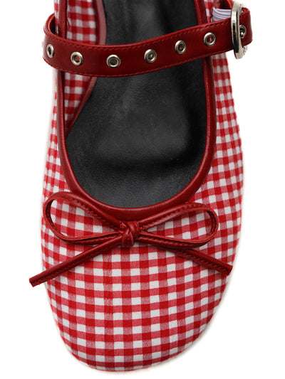 [Moromoro2] Red Plaid Square Toe Ballet  Flats