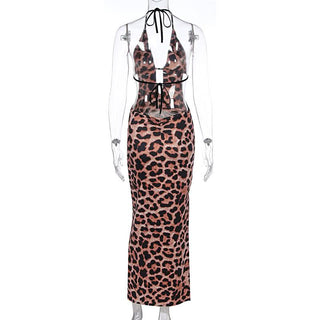 Leopard print hollow out self tie halter slit cut out maxi dress