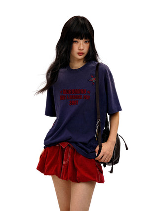 [Moromoro2] Embroidered Star Patch Distressed  T-shirt