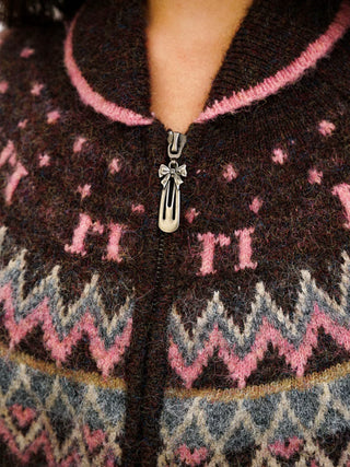 [Moromoro2] Fair Isle Bow Pocket Retro Collar  Cardigan