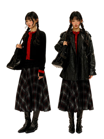 [Moromoro2] Retro Plaid Wool Blend Pleated  Skirt