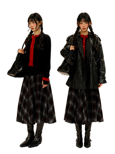 [Moromoro2] Retro Plaid Wool Blend Pleated  Skirt