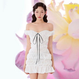 Ruched ribbon off shoulder v neck mini dress