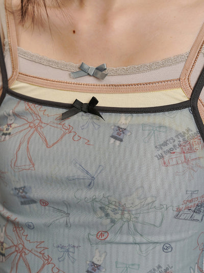 [moromoro2] Mesh Layered Print Cami Top