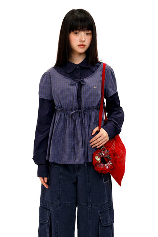 [Moromoro] Faux Two-piece Plaid Ruffled  Shirt