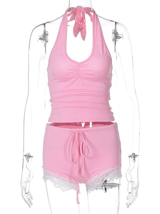 Ruched halter self tie lace hem u neck pant set