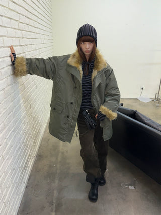 [NeverSeez] Striped Hooded Base Layer Knit Top