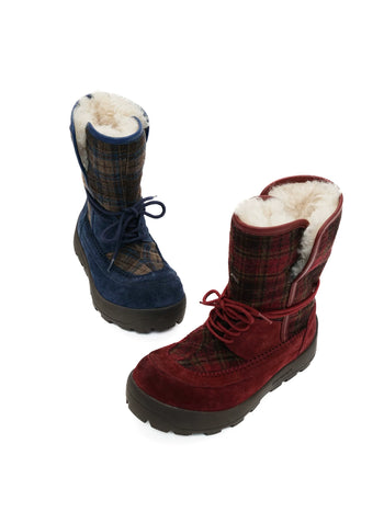 [Moromoro2] Plaid Fur-Lined Platform Snow  Boots