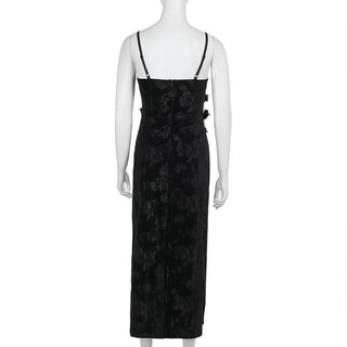 U neck velvet flower pattern slit maxi dress